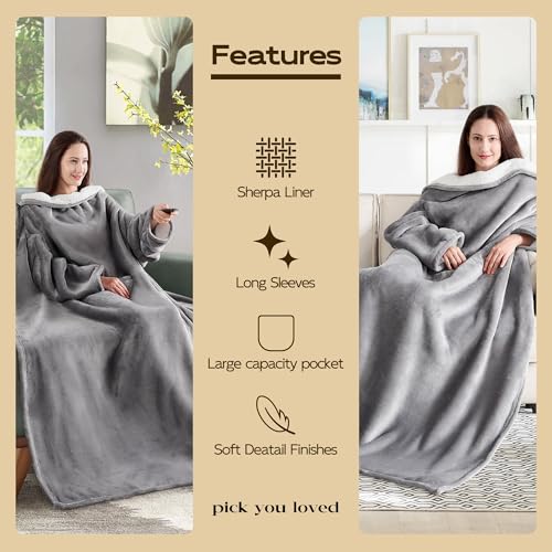 NORD ECO Wearable Blanket with Sleeves, Cozy Wearable Blanket with Arms and Pockets for Women Men, Warm TV Wrap Throw Blan...