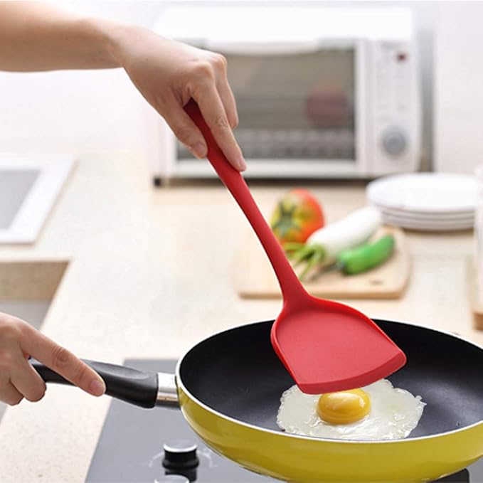 Pack of 2 Silicone Wok Spatula, Non-Stick, Heat Resistant, Easy to Clean and Dishwasher Safe, Seamless Kitchen Utensil for Cooking, Baking, Stir-Fry (Black-Red)