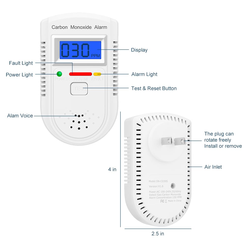 Carbon Monoxide Detector Plug in Wall,CO Gas Monitor Alarm Detector with Digital Display Sound & Light Warning for Home/Workplace/Travel