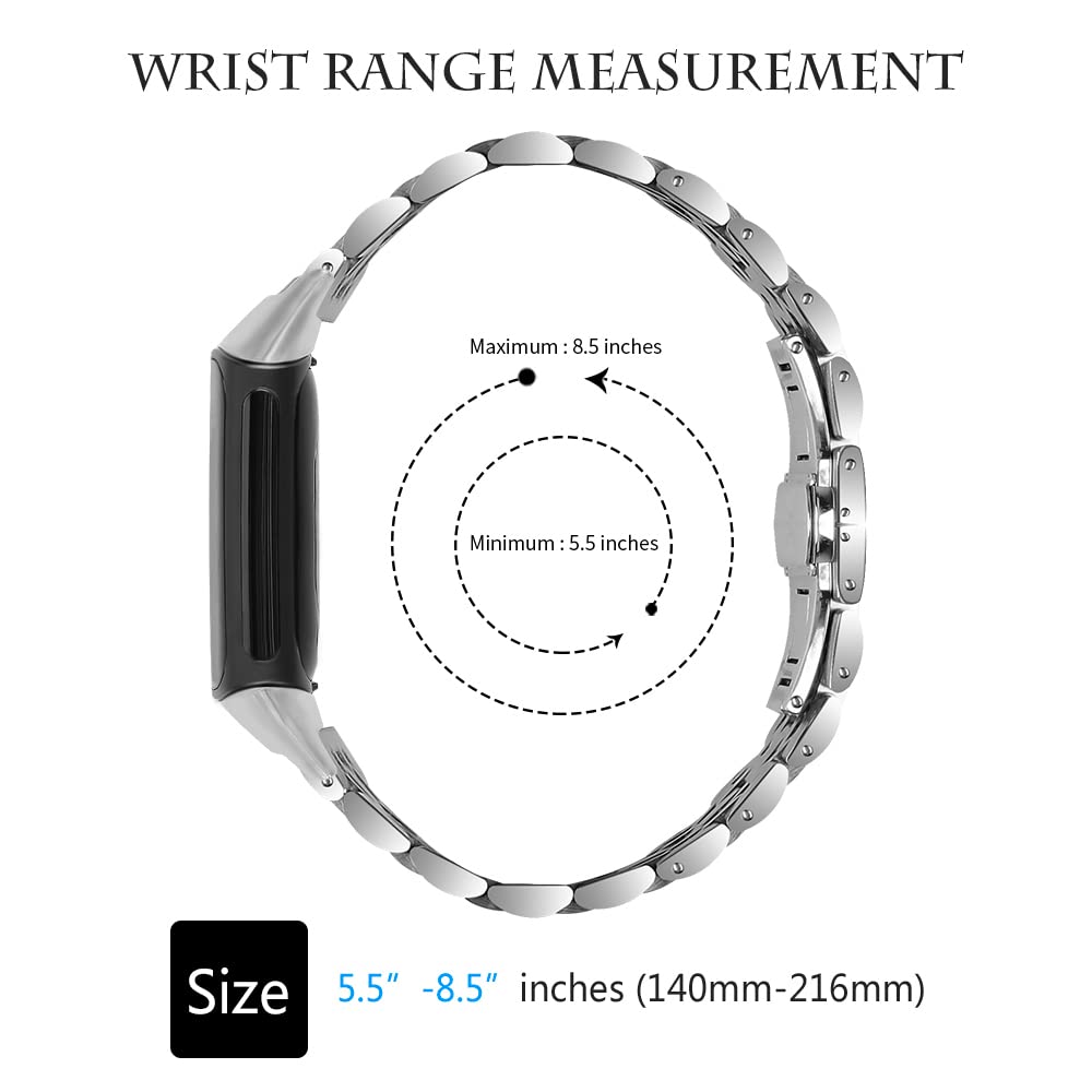 FitTurn Band Compatible with Fitbit Charge 5 Bands Men Women Classy Fitness Wristband Smart Watch Stainless Steel Adjustable Replacement Accessory Bands Strap for Charge 5 (Silver*Gold)