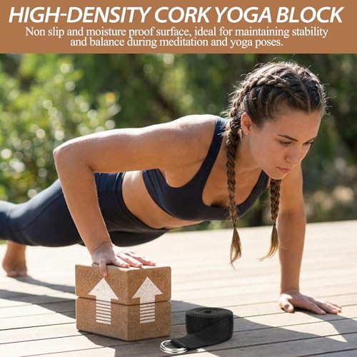 Leitee 6 Pcs Cork Yoga Blocks with Straps 9 x 6 x 4 Inch Cork Yoga Brick 8.2 FT Strap Non Slip High Density Bricks Exercis...