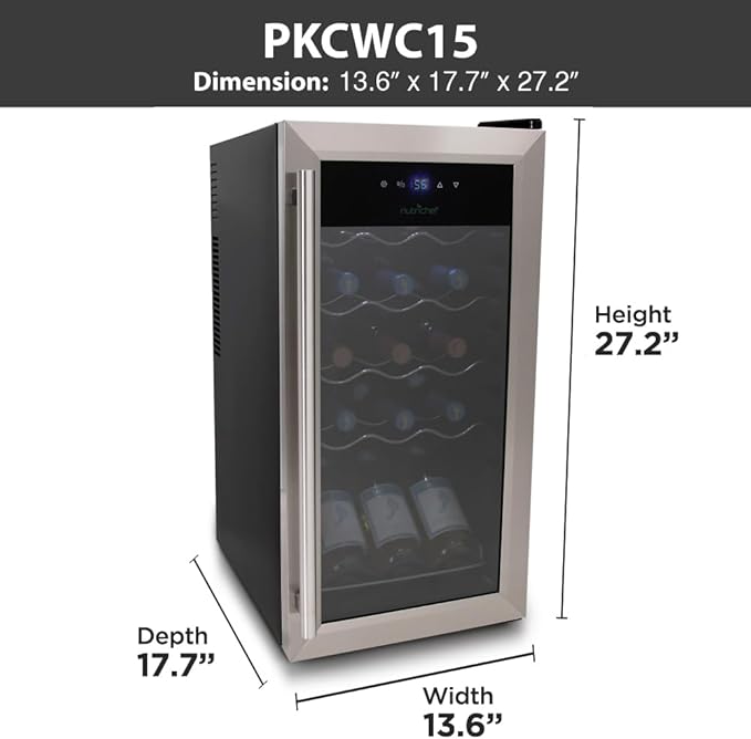 Nutrichef 15 Bottle Wine Fridge Red and White Wine Chiller Adjustable Temp Control 41°F to 64°F Ultra Quiet Operation Mini Wine Cooler Built for Home, Office, Kitchen Counter, 27x13x17 IN