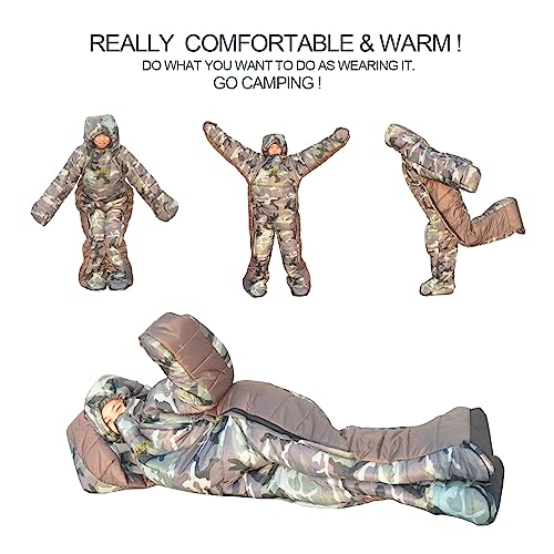 72" Large Wearable Human Sleeping Bag Zipped Foot Opening Design Free Size Ultralight Hoodie Quilted Warm Thermal Coat for...