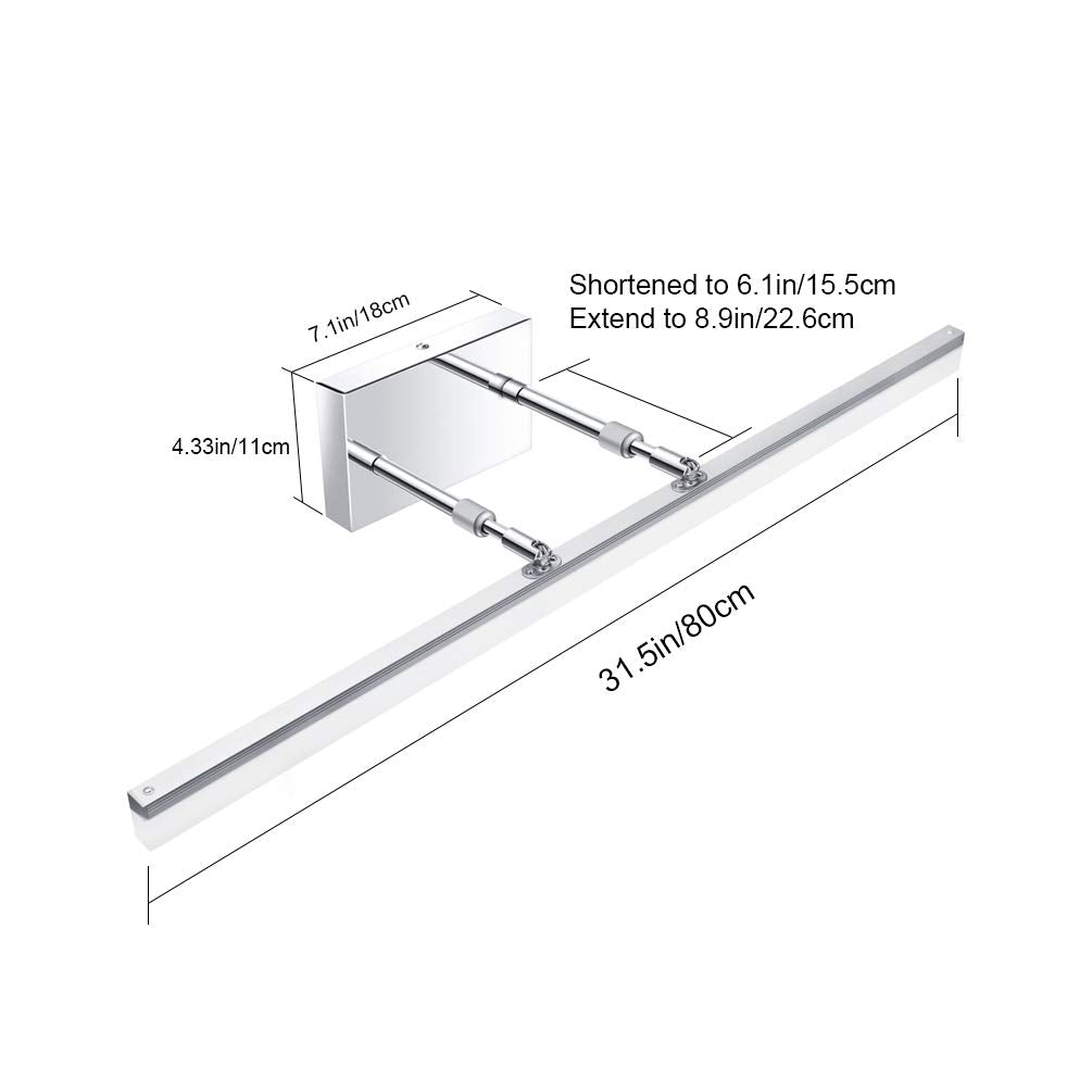 Aipsun 31.5 Led Vanity Light Fixture, Chrome Stainless Steel, Adjustable Bathroom Lighting, Model Ca-6480-80Cm, 5500K