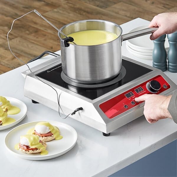 Professional Induction Cooktop with Temperature Probe, 3500W, Red/Silver, 208-240V, Digital Control, 20 Power Levels, 12.87x16.38x4.06 Inches