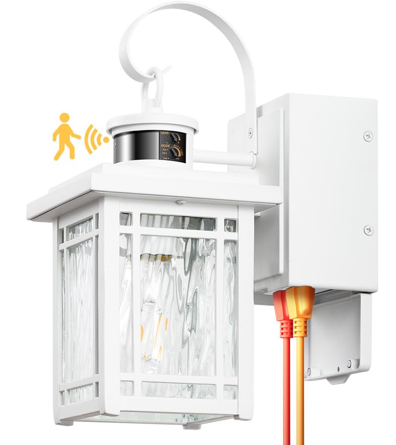 Opaxis Outdoor Porch Light With Gfci Outlet White Exterior Lighting Fixtures Wall Mount Motion Sensor Outdoor Wall Sconce Anti-Rust Coach Lights For Garage Modern Patio Lantern Lights For House