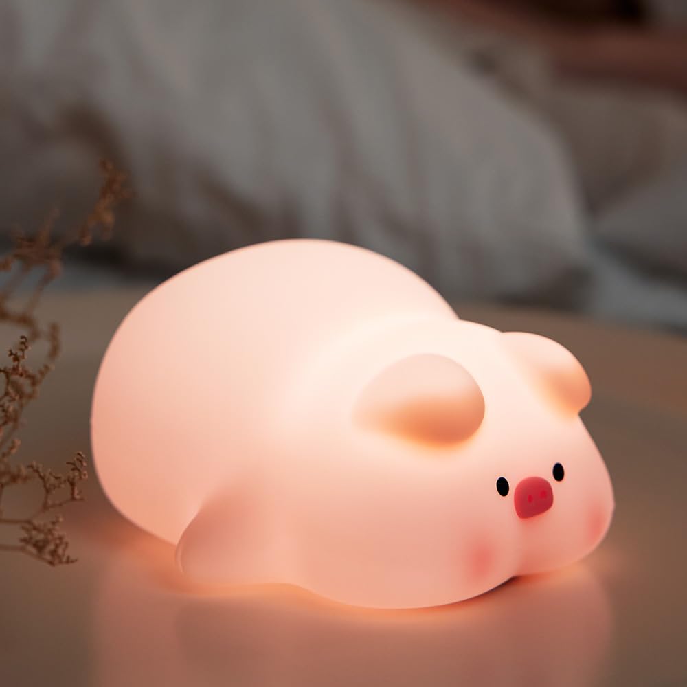 Myratts Cute Pig Night Light, 3 Level Dimmable Nursery Nightlight, Kawaii Lamps Squishy Silicone Rechargeable Touch Lamp, Best G