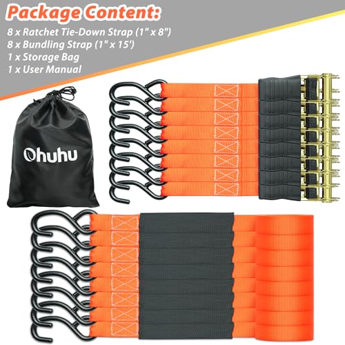 Ratchet Tie Down Strap 8-Pack 15 Ft - 500 lbs Load Cap with 1500 lbs Breaking Limit, Ohuhu Ratchet Tie Downs Logistic Carg...