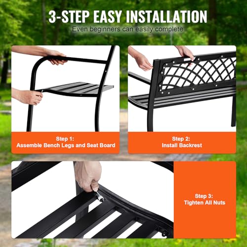 VEVOR Outdoor Bench, 46" Iron Steel Frame Garden Park Bench with Mesh Pattern and Plastic Backrest Armrests, Patio Bench f...