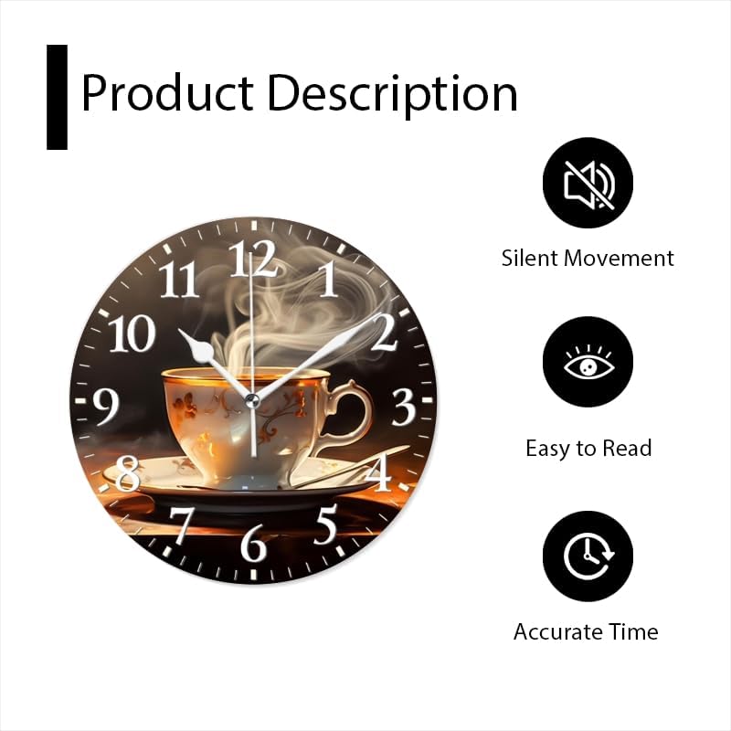 Coffee Wall Clock Non-Ticking Silent Clocks Battery Operated Analog Decor Clock for Home-Steaming Cup of Coffee On The Table(10inch)
