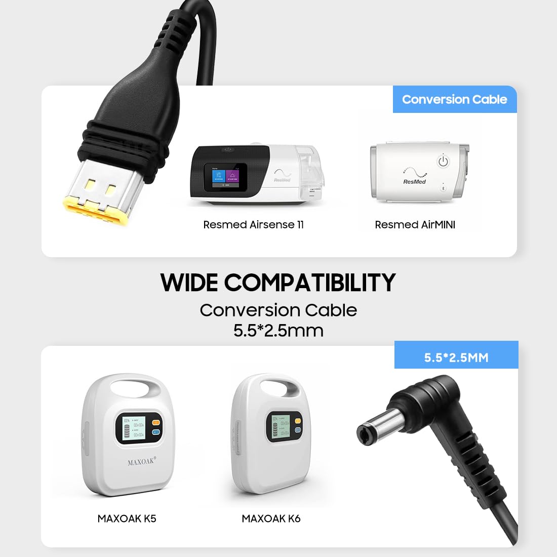 CASIMY DC 24V Power Cord Compatible with ResMed Airsense 11 Airmini CPAP Compatible with MAXOAK K5 K6 Medistrom Pilot-24 Lite Power Bank Battery Power Station, 5.5 * 2.5mm/2.1mm DC Charging Cable