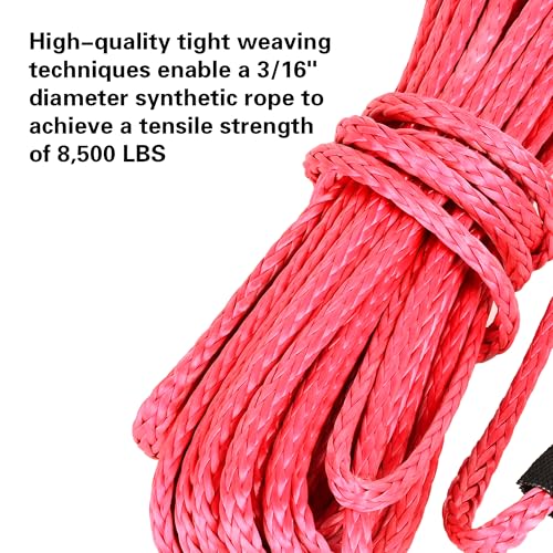 guideamps ATV UTV Synthetic Winch Rope Cable 3/16" x 50 ft, 8,300 lbs Pulling Strength, with Protective Sleeve, Safety Pul...