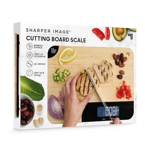 Sharper Image Bamboo Cutting Board & Digital Food Scale, 33 lb Capacity, Measures Grams & Ounces, Multi-Functional for Foo...