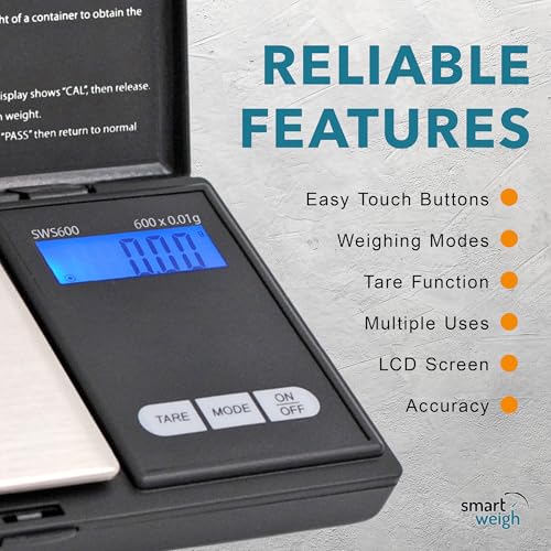 Smart Weigh SWS600 Elite 600g x 0.1g Digital Gram Scale, Pocket Sized Jewelry, Nutrition Kitchen, and School Scale, Slim D...