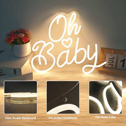 Oh Baby Neon Sign for Wall Decor, Baby Shower Neon Sign with Dimmer, Warm White Led Light for Bedroom Decor, Wall Decorati...
