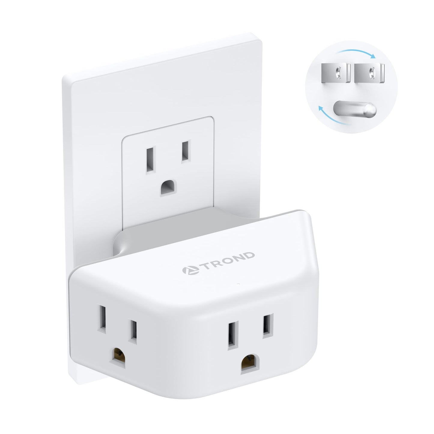TROND Outlet Extender with 360 Rotating Plug, 3-Prong Grounded Wall Plug Splitter, 3 Way Angled Outlet Adapter, for Bathroom Kit