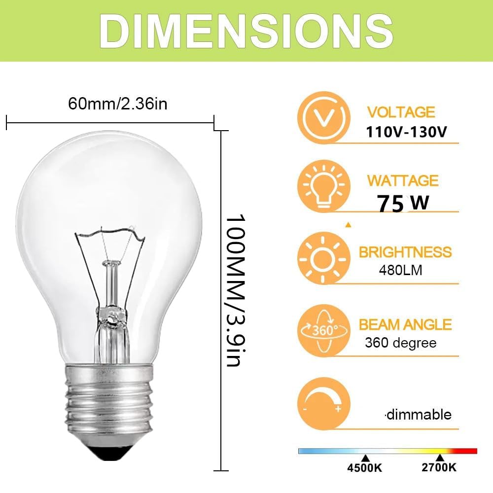 Hoimuv 75 Watt Incandescent Light Bulbs, A19 75 WATT Incandescent Bulb Shatter Resistant Rough Service Light Bulb 75 WATTS A19 Shape (4PACK)