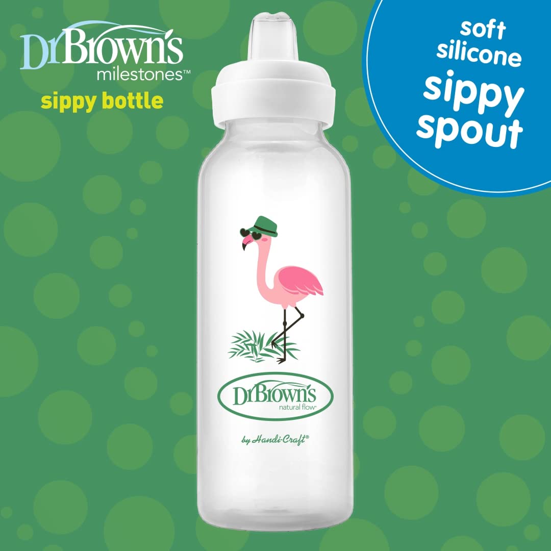 Dr. Brown's Milestones Narrow Sippy Bottle, 100% Silicone Soft Sippy Spout, 8oz/250mL, Flamingo & Bunny, 6m+