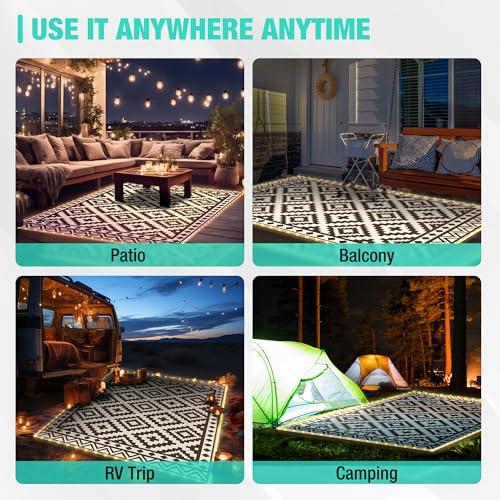 HAUSHOF 5'X8' Outdoor Rug Waterproof with LED Strip Light, Reversible Outdoor Plastic Straw Rug, Patio Rug with 4 Rug Stak...