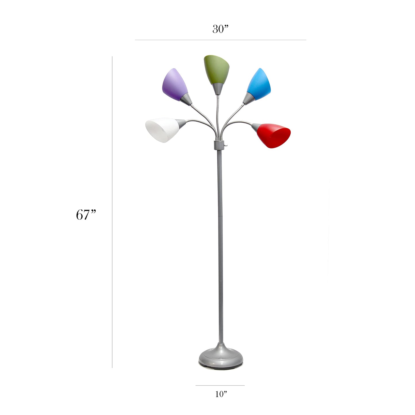 Simple Designs LF2006-SDM 67in Multi Head Gooseneck Floor Lamp, Silver/Primary Multicolor Shades, Plastic, Ideal for Kids Bedroom, Playroom, Office