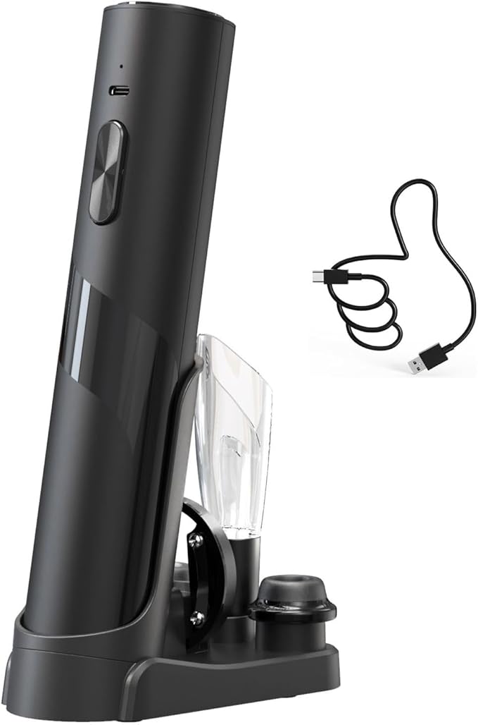 Electric Wine Opener with Charging Base | Electric Corkscrew Wine Bottle Opener at BOTTOM END + Auto Wine Saver Pump at TOP - Cool Wine Gifts and House Warming Gift