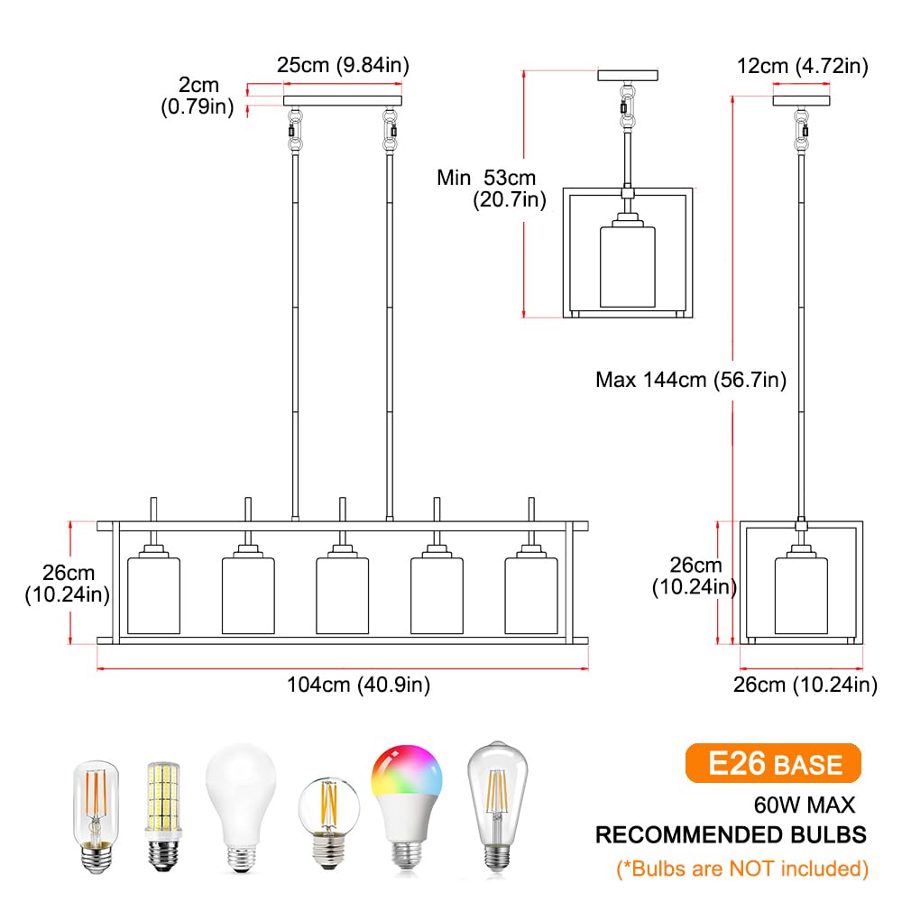 Dsmjfu Black Farmhouse Rectangular Chandelier For Dining Room 5-Light Linear Pendant Lighting Rectangular Kitchen Island Light Fixture Over Table Adjustable Height Chandelier Hanging Light