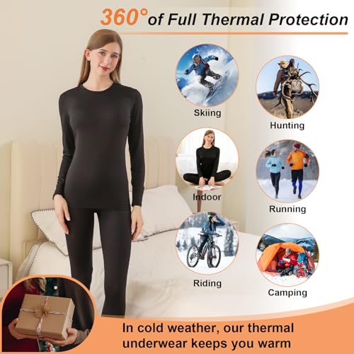 Jumda Thermal Underwear for Women Set, Fleece Lined Base Layer Women Top Bottom, Anti Odor Long Johns & Sleeve Shirt