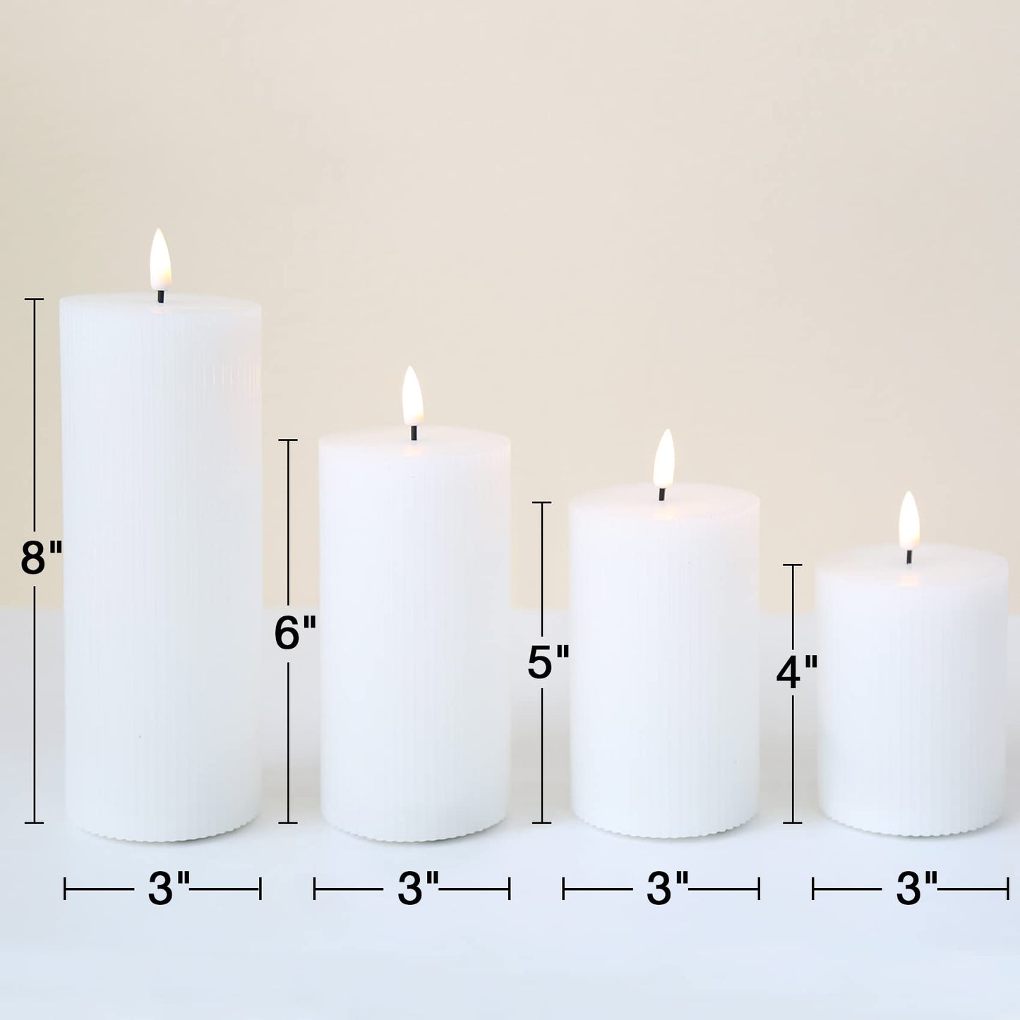 Girimax White Ribbed Flameless Pillar Candles with Remote, Flat Top Flickering LED Wax Battery Candles Set of 4, Φ 3" H 4" 5" 6" 8"