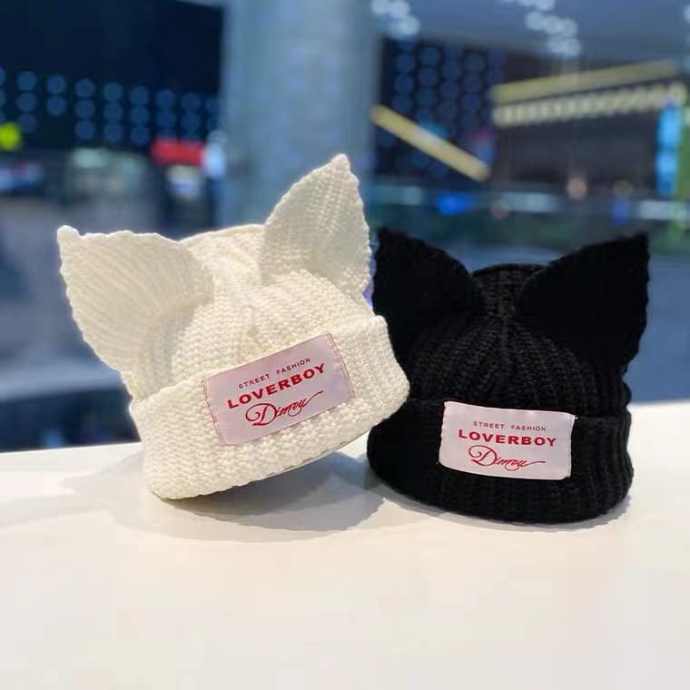 Cat Ear Hat Cute Beanie Hat Knit Skull Cap Warm Slouchy Crochet Hat (Black)