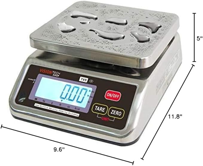 VisionTechShop TVS Portion Control Stainless Steel Washdown Scale, Lb/Oz/Kg/g Switchable, Low Profile Design, 60lb Capacity, 0.01lb Readability, Single Display, NTEP Legal for Trade, NSF Certified