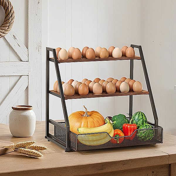 3-Tier Wooden Fresh Egg Holder Countertop With Basket for 36+90 Eggs, Wooden Egg Holder Countertop with Carry Handle for Gathering 100+ Eggs, Duck, and Quail Eggs