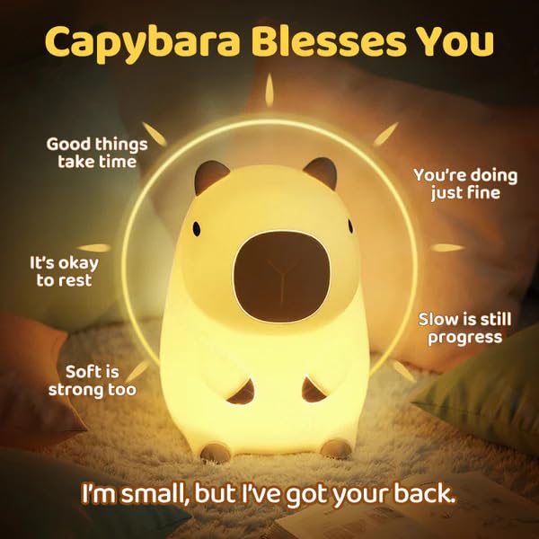 Huggwaii Squishy Capybara Night Light For Kids - Soft Silicone Tap-Control Kids Night Light With 2 Brightness Levels & 20-Min Timer Cute Lamp For Nursery Bedroom Decor Baby Gift (1200Mah Battery)