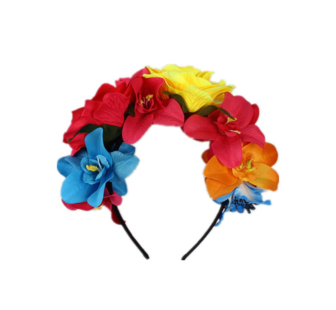 Lofruiin Women's Bohemian Rose Flower Crown Mexican Day of The Dead Headband Halloween Party Costume Headpiece (Fuchsia Yellow,