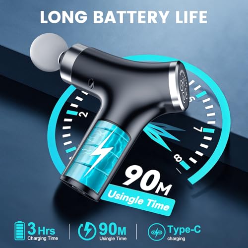 Pudthin Detachable Long Handle Massage Gun for Back Pain Relief, Deep Tissue Percussion Massager with 12 Speed Levels, Han...