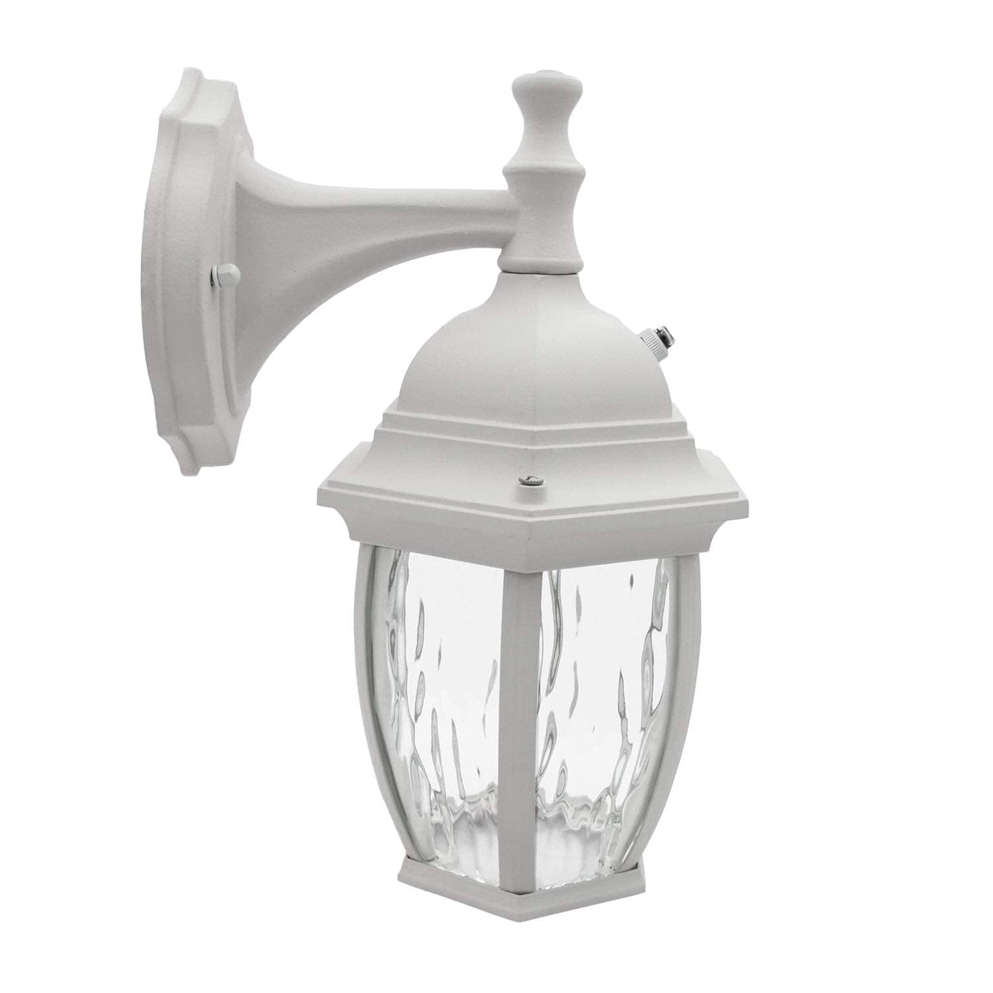 Maxxima Led Outdoor Wall Light, 3000K Warm White, Dusk To Dawn Sensor, White, Model Mel-6150Ww, Clear Water Glass, 580 Lumens