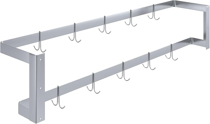 AmGood 60 in. Wall-Mounted Stainless Steel Double-Line Pot Rack. Includes 10 double pring hooks