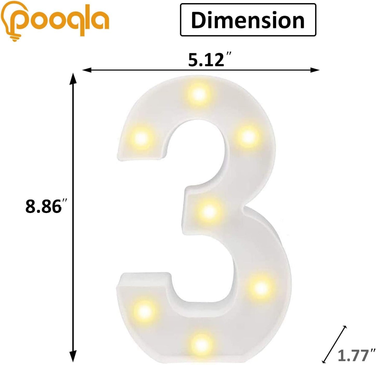 Pooqla LED Light Up Number 3, Warm White & Cool White Decorative Marquee, Plastic Night Light for Party & Room Decor