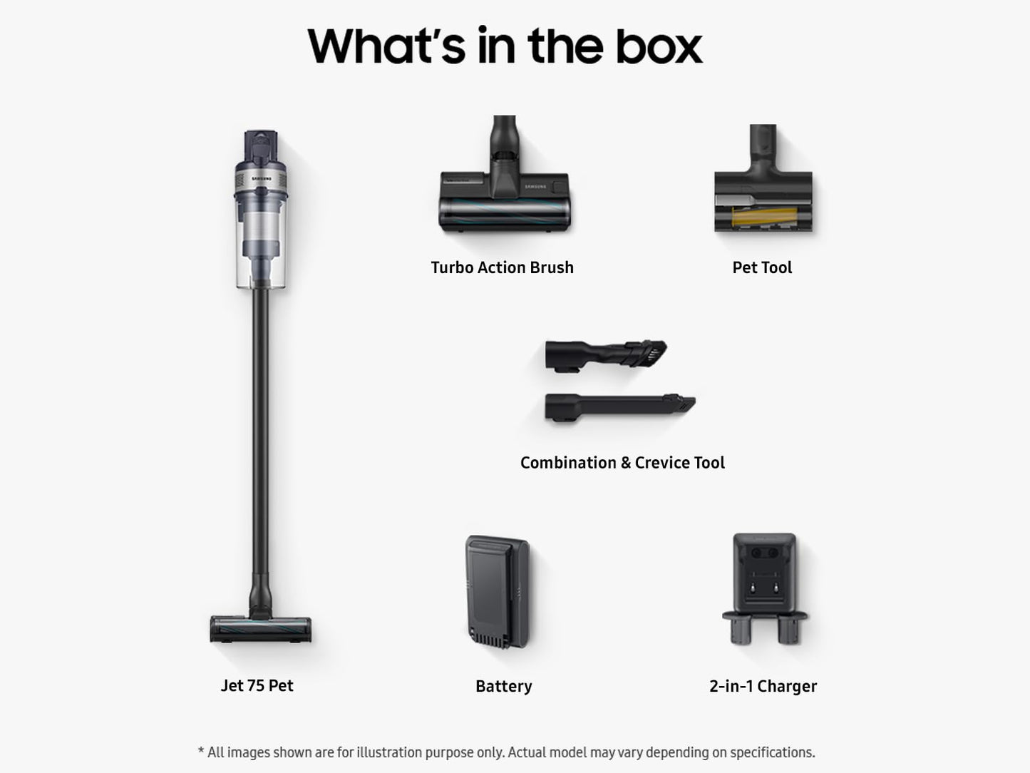 Samsung Jet 75 Pet Cordless Vacuum, Lightweight W/Turbo Action Brush, Pet Tool, Removable Battery, Powerful Cleaning For Hardwoo