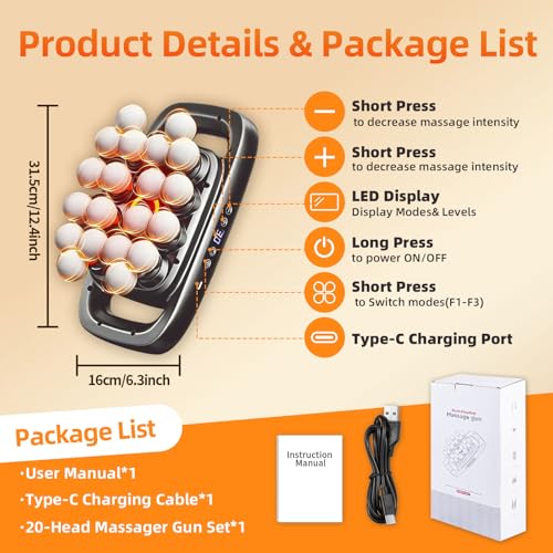 2026 Upgrade 20-Head Massage Gun Set, Deep Tissue Percussion Muscle Massager with 3 Modes & 30 Intensitie, Quiet Handheld ...