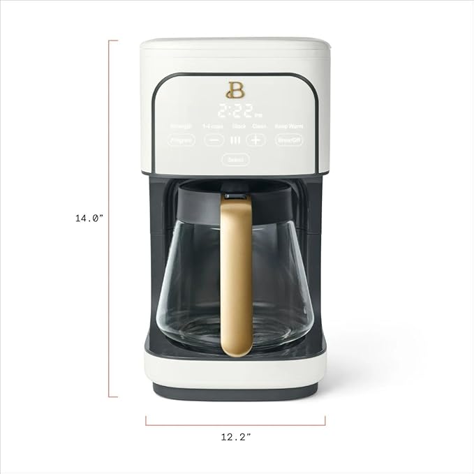 Beautiful 12-Cup Programmable Coffee Maker with Touch-Activated Display, Auto Brew Timer, Reusable Filter & Large Glass Carafe (White Icing)