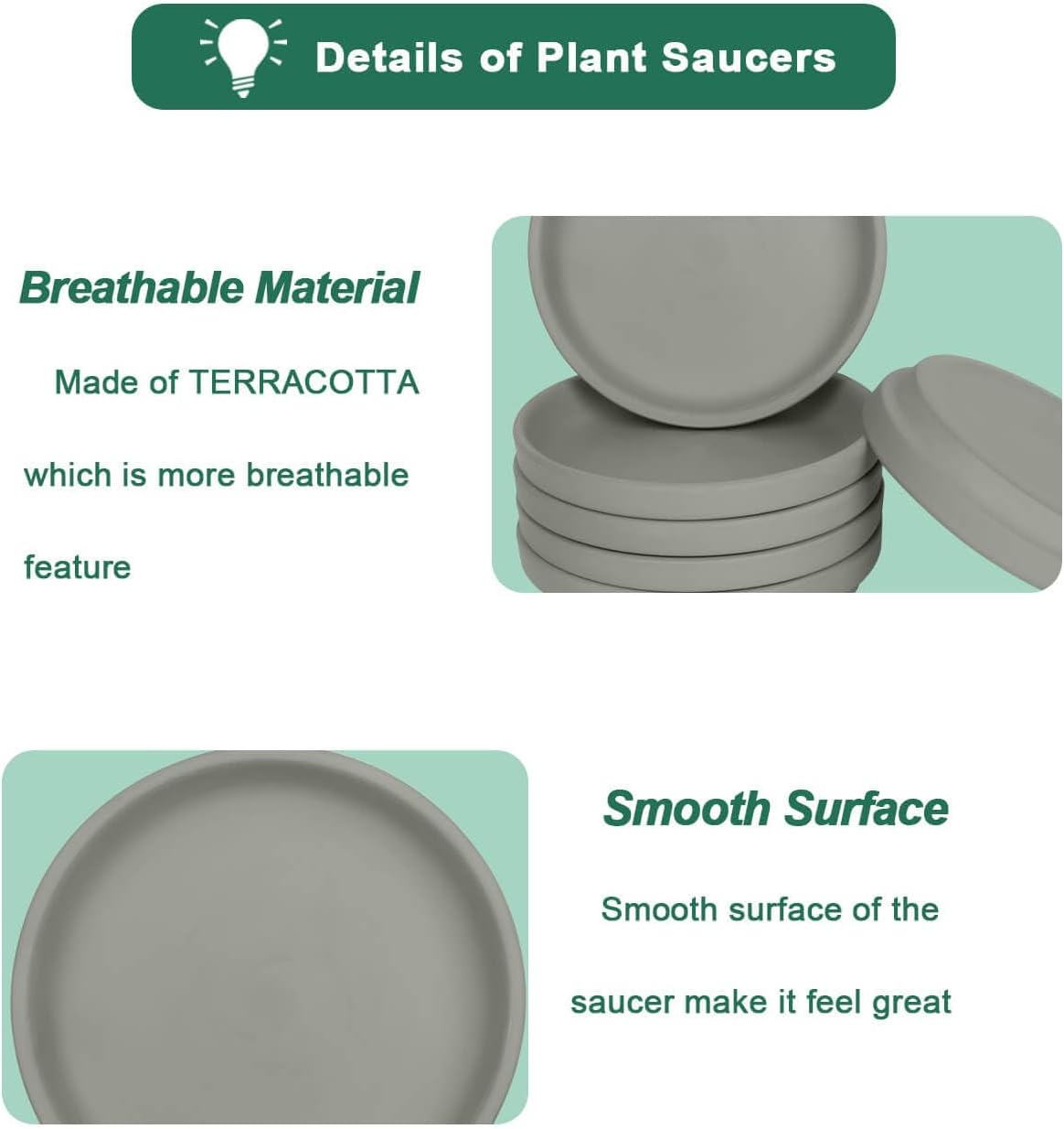 vensovo 8 Inch Grey Terracotta Plant Saucer Pots Tray - 4 Pcs Round Planter Saucers for Indoor & Outdoor Plants, Large Clay Trays Perfect for 7 Inch 7.5 Inch 8 Inch Flower Pot