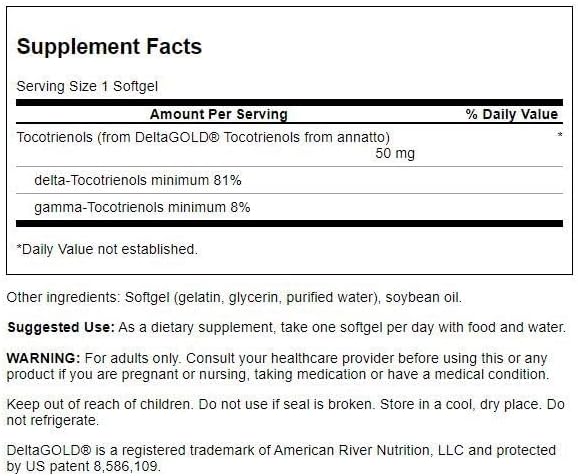 Swanson Deltagold Tocotrienols-Annatto Tocotrienols -Vitamin E Tocotrienols 99% Tocopherol Free (60 Softgels, 50mg Each) in selection central