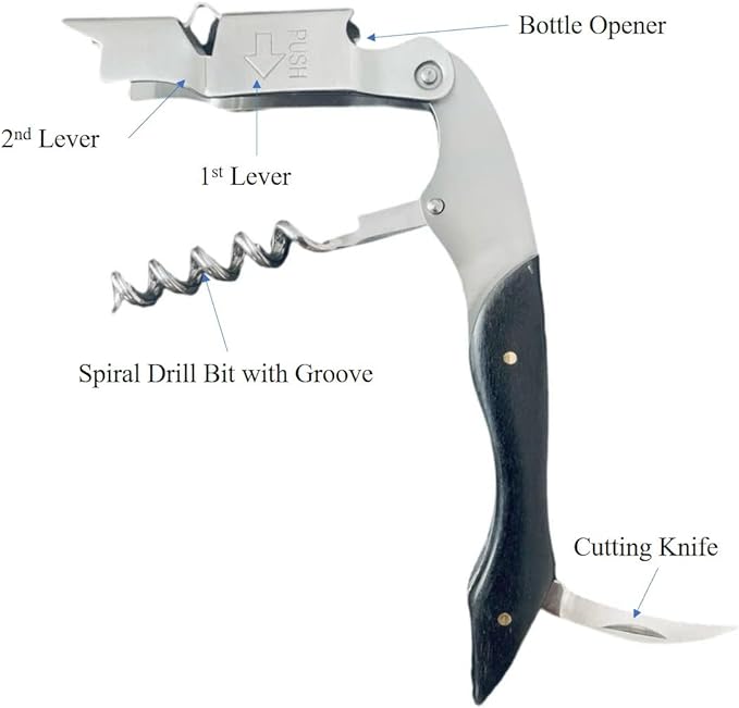 Customized Double-Hinged Waiter Corkscrew Wine Key for Bartenders, Long Pull Tap Handle Wine Bottle Opener and Serrated Foil Cutter for Bar Restaurant Waiters, Sommelier, Bartenders (Ebony Wood)
