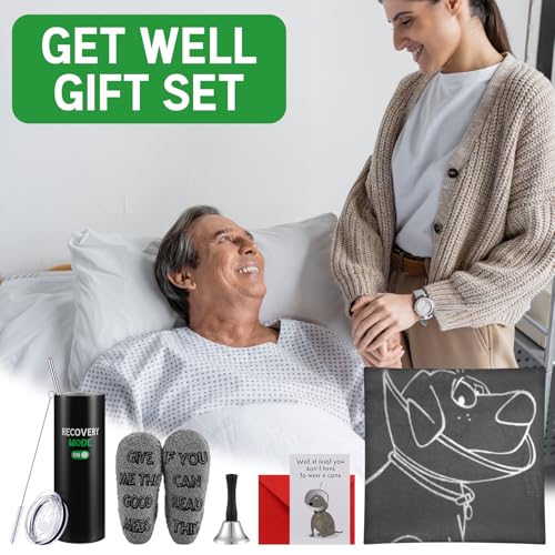 Patelai 6 Pcs Funny Get Well Soon Gifts 20oz Hospital Mug Fuzzy Recovery Cotton Socks Silver Steel Tea Hand Bell Throw Bla...