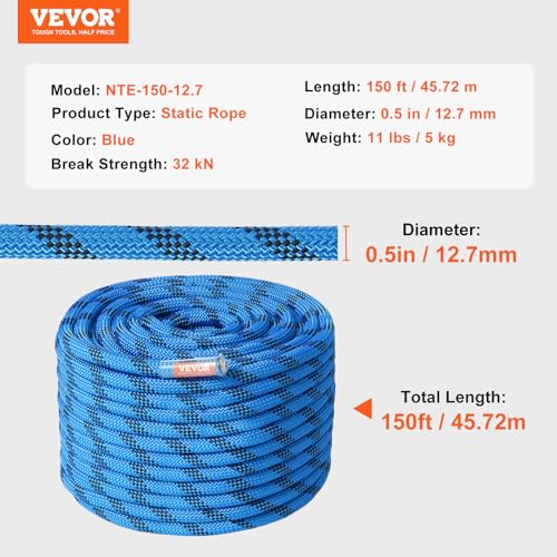 VEVOR 12.7mm Static Climbing Rope, 45.7M(150ft) Outdoor Rock Climbing Rope 30KN Breaking Tension, Fiber Rope for Escape, R...