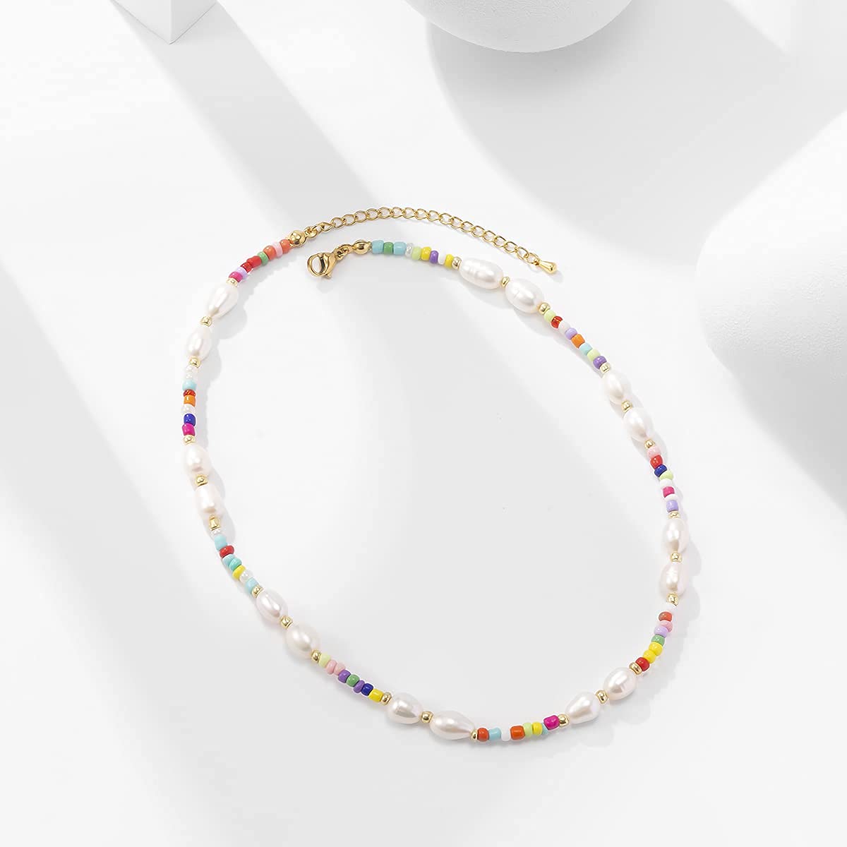Wellike Freshwater Pearl Beaded Choker Necklace for Women Boho Handmade Colorful Beads Necklaces Stainless Steel 18K Gold Plated