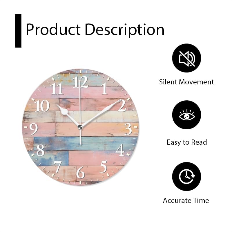 Plank Wall Clock Non-Ticking Silent Clocks Battery Operated Analog Decor Clock for Home-Colorful Pastel Pink Wooden Wall(14inch)