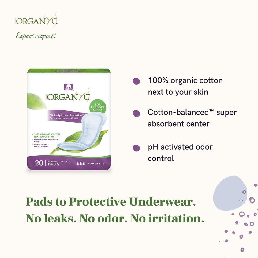 Organyc Certified Organic Cotton Pads for Incontinence, Certified Odor Control, Free from Perfumes, Dyes, Plastics, and Chemicals, Maximum, 64 Count