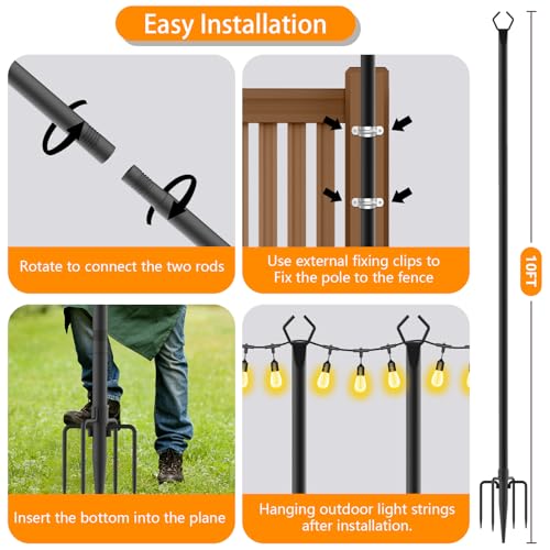 7 Pack 10 FT String Light Poles,Metal with Fork Lights Poles for Outdoor String Light, Rustproof Heavy Duty for Outside Ga...