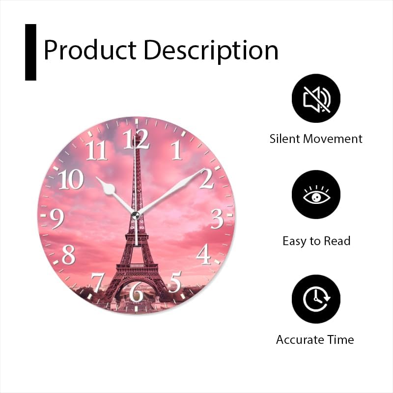 Paris Wall Clock Non-Ticking Silent Clocks Battery Operated Analog Decor Clock for Home-Eiffel Tower with Pink Sky and Pink Clouds(14inch)